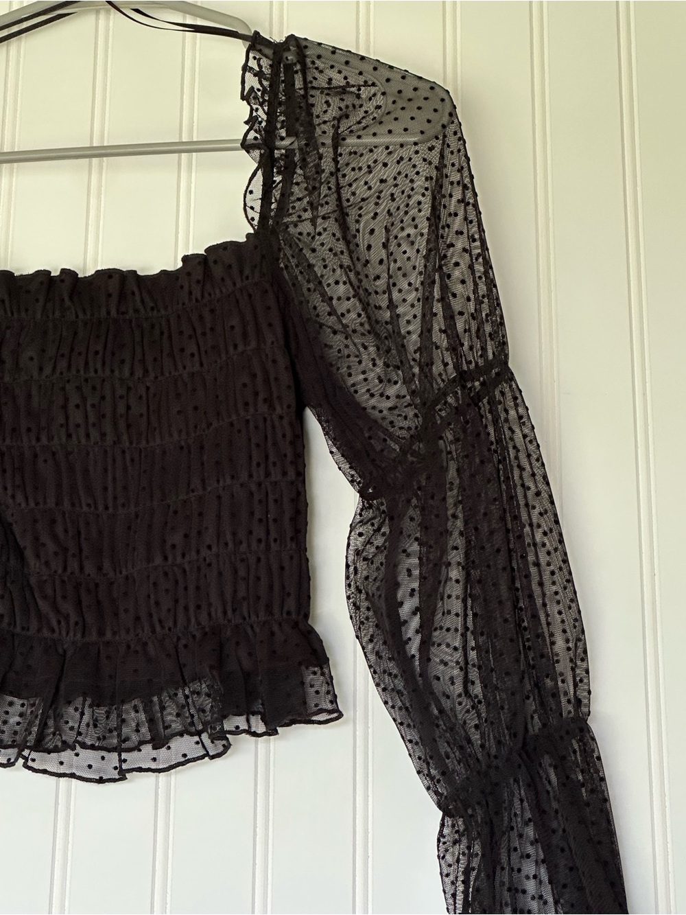 Top Shop Black Polka Dot Top with Sheer Bubble Sleeves, Frilly Bottom, Topshop,